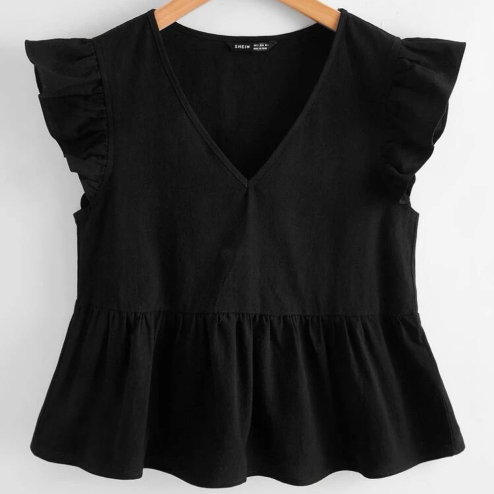 Solid Ruffle Trim Peplum Blouse